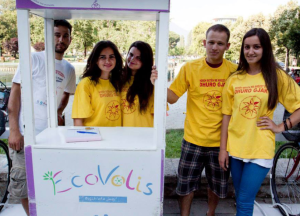 Employees at a bike-sharing kiosk in Tirana