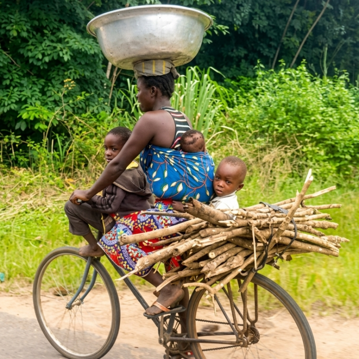 Togo woman on bike with cargo and kids